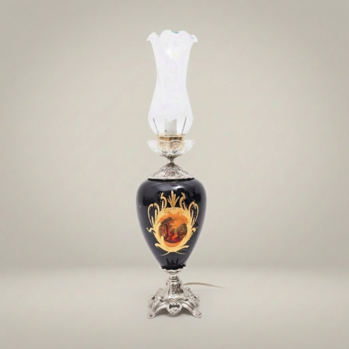 Victorian Hand-Painted Ceramic Table Lamp Ornate Brass Base Glass Chimney Shade Brass and Wood Silver Front | Brass & Wood
