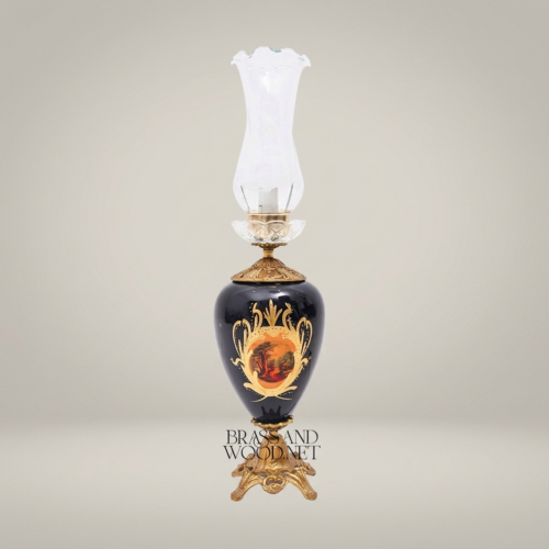 Victorian Hand-Painted Ceramic Table Lamp Ornate Brass Base Glass Chimney Shade Brass and Wood Antique Gold Front | Brass & Wood
