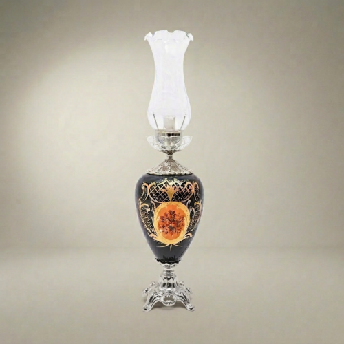 Victorian Hand-Painted Ceramic Table Lamp Ornate Brass Base Glass Chimney Shade Brass and Wood Silver Front | Brass & Wood