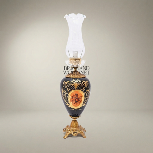 Victorian Hand-Painted Ceramic Table Lamp Ornate Brass Base Glass Chimney Shade Brass and Wood Antique Gold Front | Brass & Wood