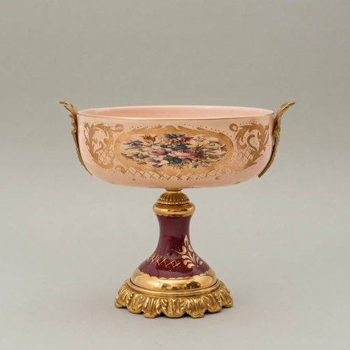 Victorian Rococo Hand-Painted Ceramic Pedestal Tazza Floral Medallion Brass Mounts Gold Front | Brass & Wood