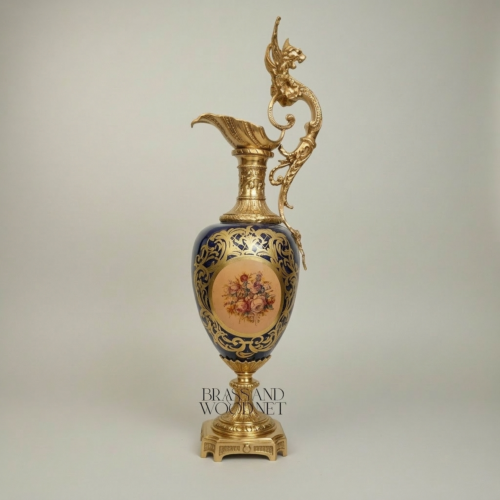 Victorian Rococo Cobalt Ceramic Ewer Vase with Dragon Handle Floral Medallion Brass Ormolu Mounts Gold Front | Brass & Wood