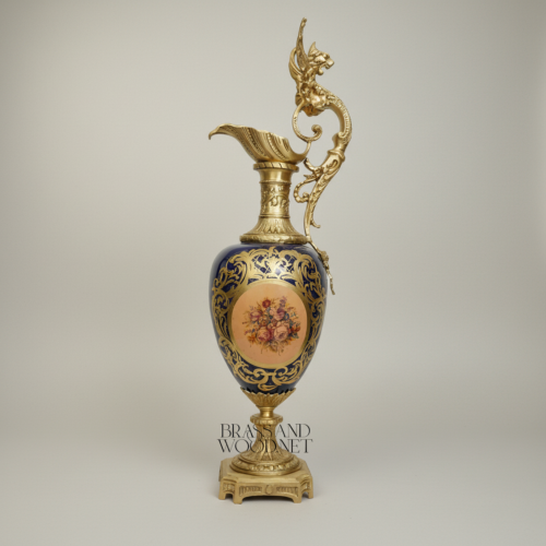Victorian Rococo Cobalt Ceramic Ewer Vase with Dragon Handle Floral Medallion Brass Ormolu Mounts Antique Gold Front | Brass & Wood