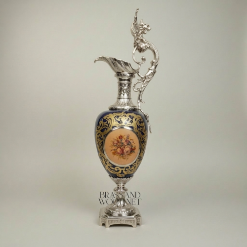 Victorian Rococo Cobalt Ceramic Ewer Vase with Dragon Handle Floral Medallion Brass Ormolu Mounts Silver Front | Brass & Wood