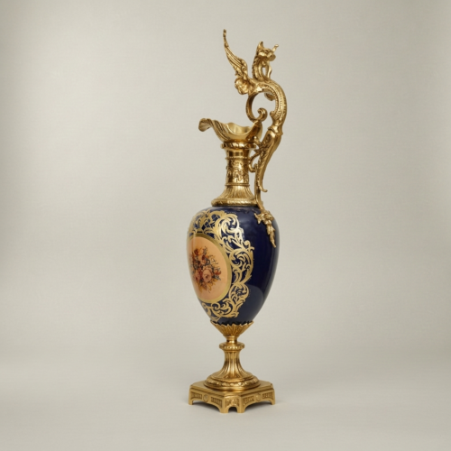 Victorian Rococo Cobalt Ceramic Ewer Vase with Dragon Handle Floral Medallion Brass Ormolu Mounts Gold Front | Brass & Wood
