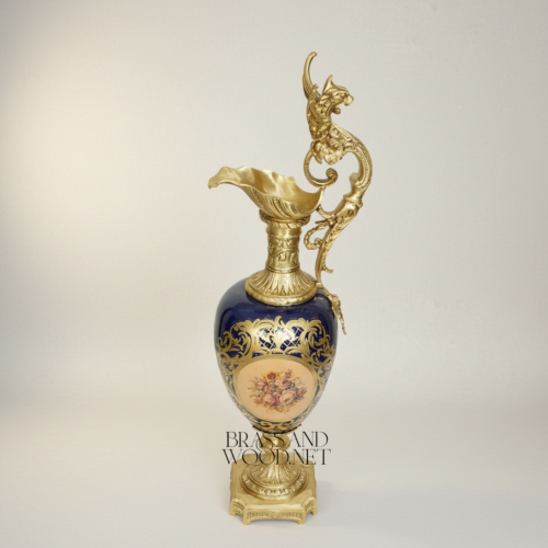Victorian Rococo Cobalt Ceramic Ewer Vase with Dragon Handle Floral Medallion Brass Ormolu Mounts Antique Gold Front | Brass & Wood