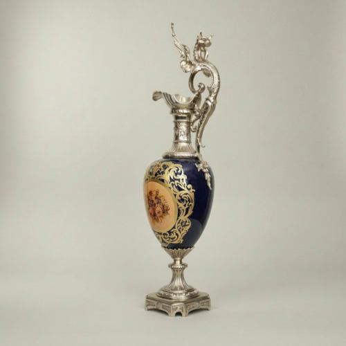 Victorian Rococo Cobalt Ceramic Ewer Vase with Dragon Handle Floral Medallion Brass Ormolu Mounts Silver Front | Brass & Wood