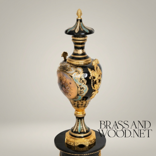 Victorian Rococo Lidded Ceramic Urn Vase Hand-Painted Floral Medallion Acanthus Mounts Brass and Wood Gold Front | Brass & Wood