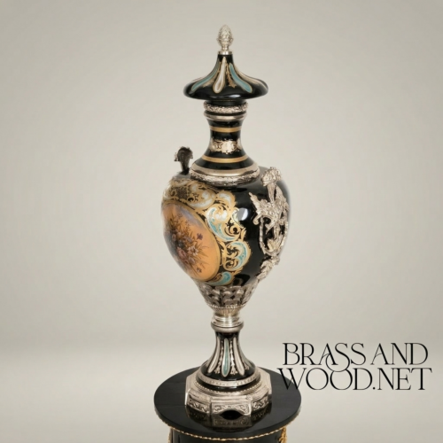 Victorian Rococo Lidded Ceramic Urn Vase Hand-Painted Floral Medallion Acanthus Mounts Brass and Wood Silver Front | Brass & Wood