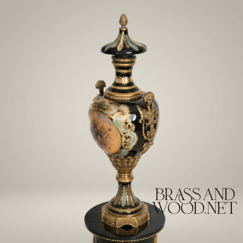 Victorian Rococo Lidded Ceramic Urn Vase Hand-Painted Floral Medallion Acanthus Mounts Brass and Wood Antique Gold Front | Brass & Wood