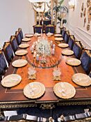 Empire Gilt Dining Suite with Marquetry Buffet & Damask Chairs