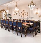 Empire Gilt Dining Suite with Marquetry Buffet & Damask Chairs