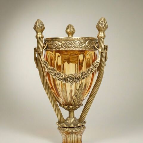 Neoclassical Crystal Urn Incense Burner with Pierced Brass Stand -CASSOULET-CRYSTAL-HONEY-SMALL-Antique