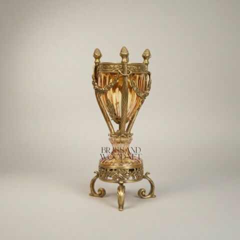 Neoclassical Crystal Urn Incense Burner with Pierced Brass Stand -CASSOULET-CRYSTAL-HONEY-SMALL-Antique