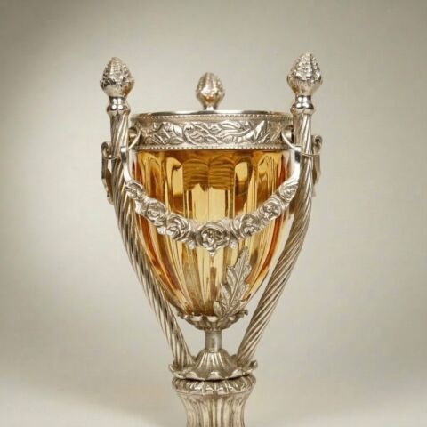 Neoclassical Crystal Urn Incense Burner with Pierced Brass Stand -CASSOULET-CRYSTAL-HONEY-SMALL-Silver