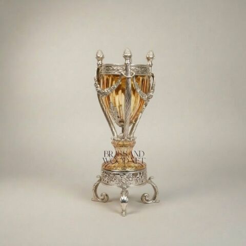 Neoclassical Crystal Urn Incense Burner with Pierced Brass Stand -CASSOULET-CRYSTAL-HONEY-SMALL-Silver