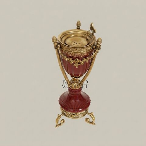 Neoclassical Ceramic Incense Burner with Gilt Brass Urn & Tripod Stand -CASSOULET-CERAMIC-RED-LARGE-Antique