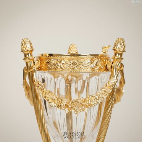 Classical Crystal & Brass Incense Burner - Fluted Urn with Ornate Stand Top View | Brass & Wood