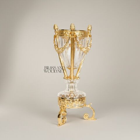 Classical Crystal & Brass Incense Burner - Fluted Urn with Ornate Stand Top View | Brass & Wood