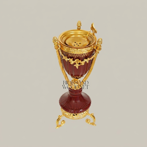 Empire Urn Incense Burner with Gilt Ormolu Mounts & Scrolled Tripod Base Front View | Brass & Wood