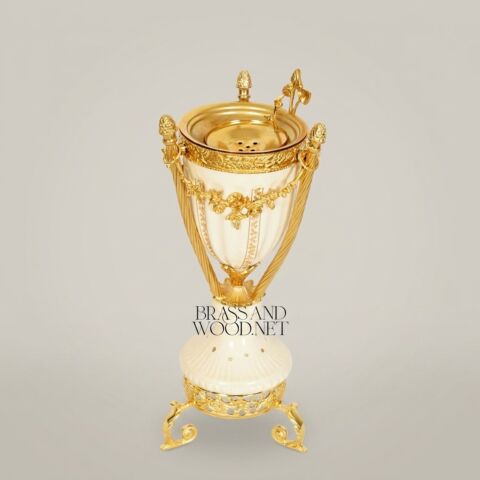 Louis XVI Neoclassical Ivory Ceramic & Brass Incense Burner with Swagged Garland Mounts Front View | Brass & Wood
